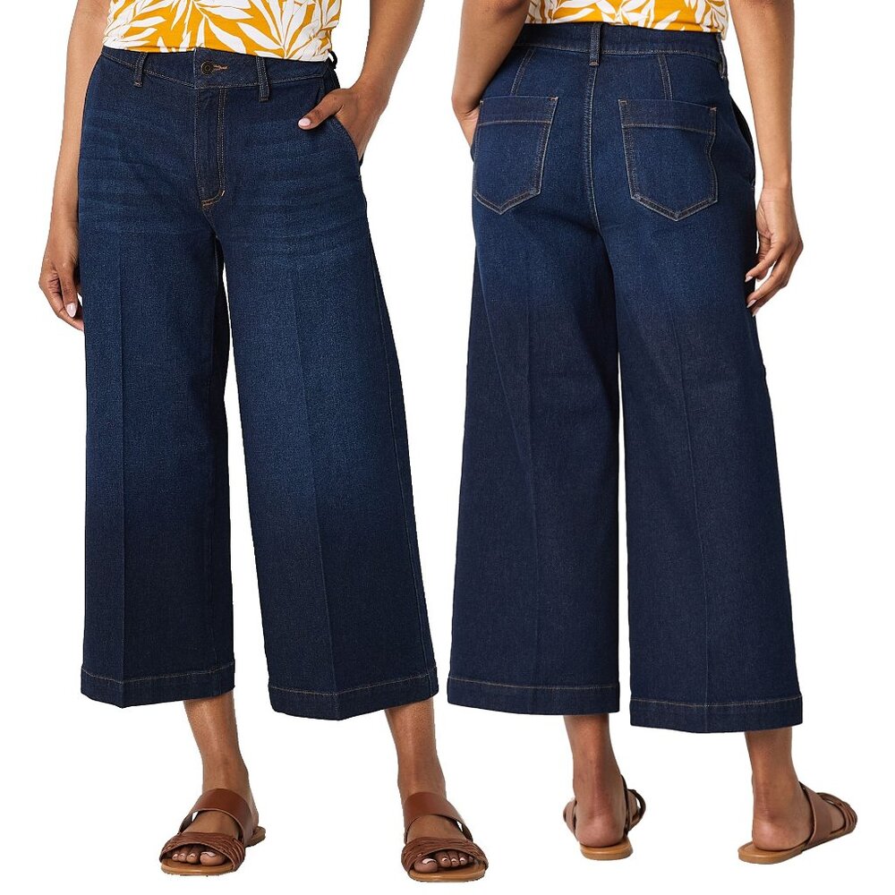 New! Liz Claiborne Wide Leg Crop Trouser High Rise Stretch Denim Blue Jeans